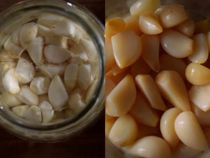 Garlic cloves before and after 30 days of fermentation