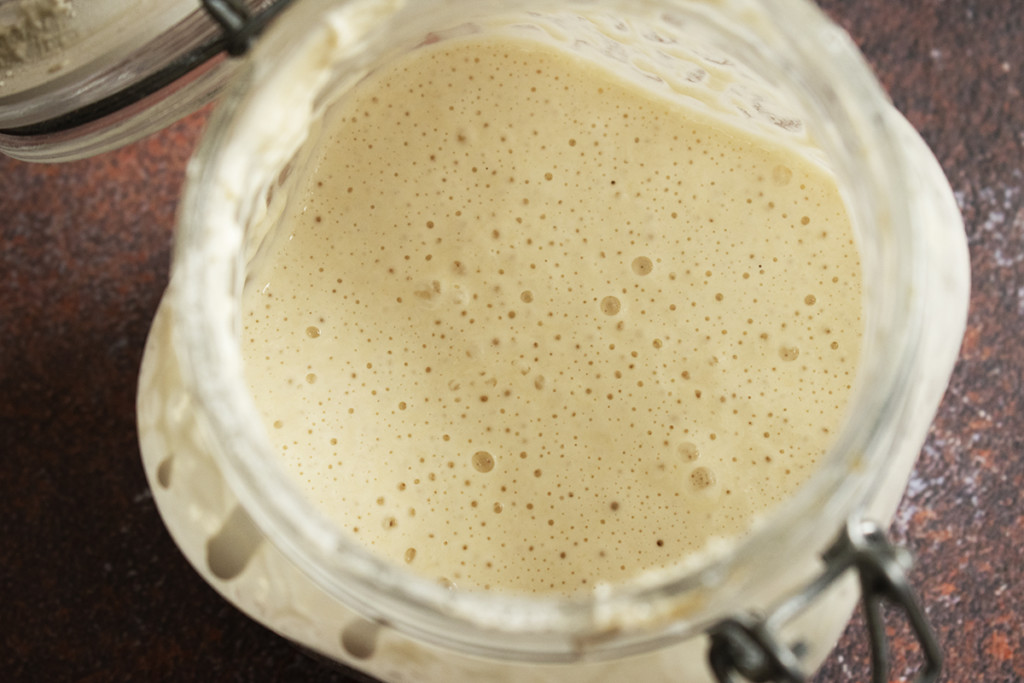 Overhead view of a jar of sourdough bread starter. It's bubbly and light. 
