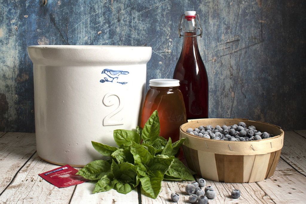 Ingredients needed for blueberry basil mead