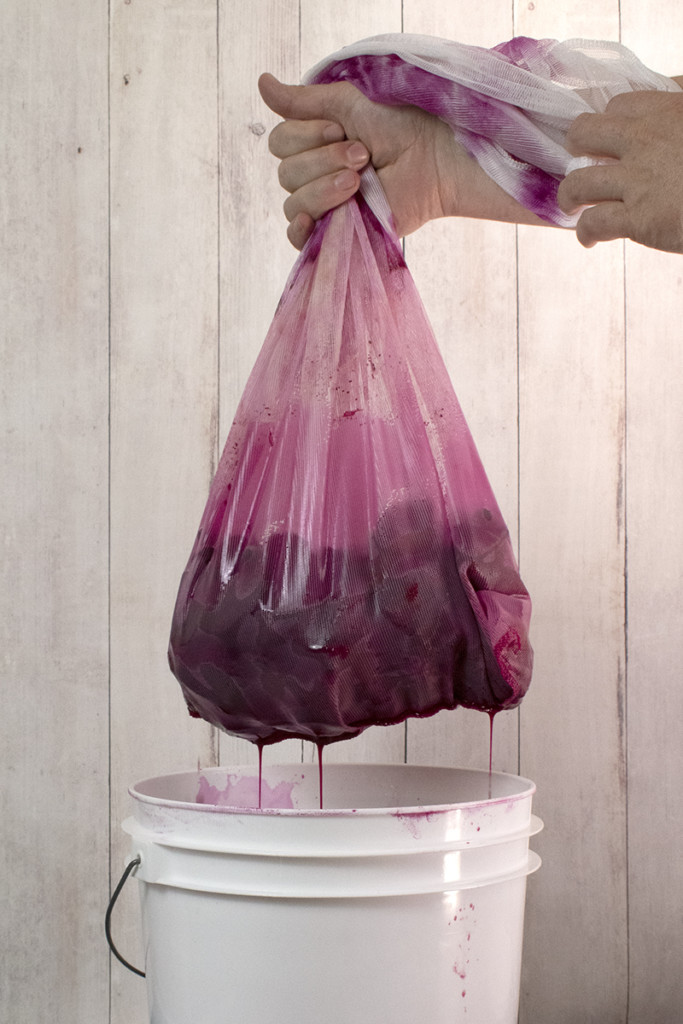 A hand holds a straining bag full of beets over a brew bucket as it drains.