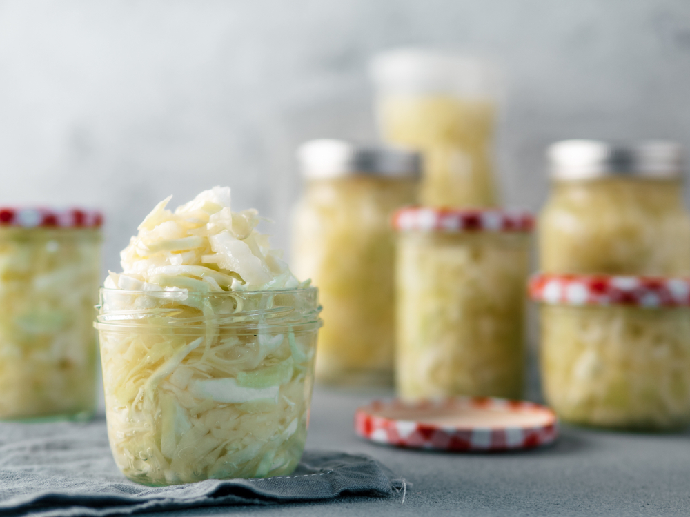 Jars of homemade sauerkraut. 