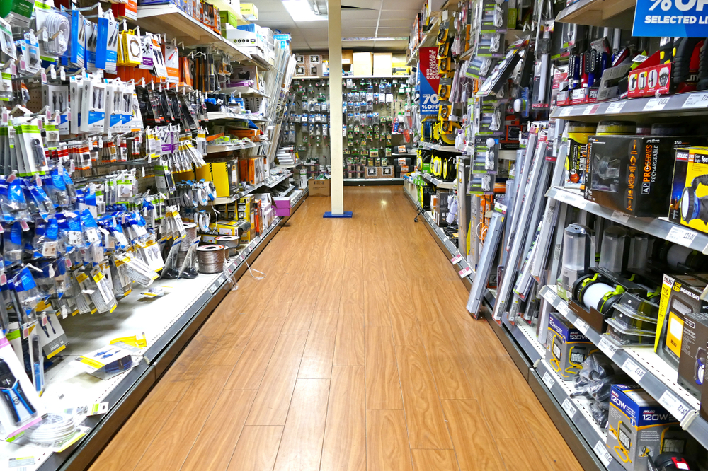The view down an aisle at a hardware store.