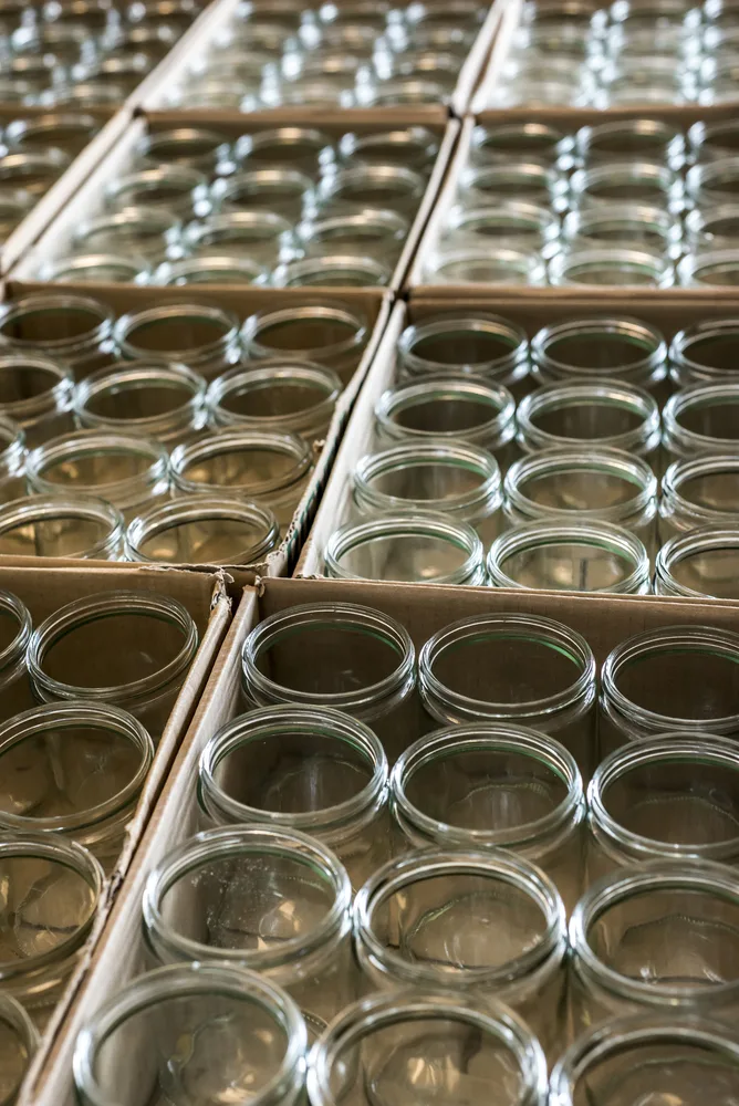 Several cardboard boxes full of clean, empty canning jars.