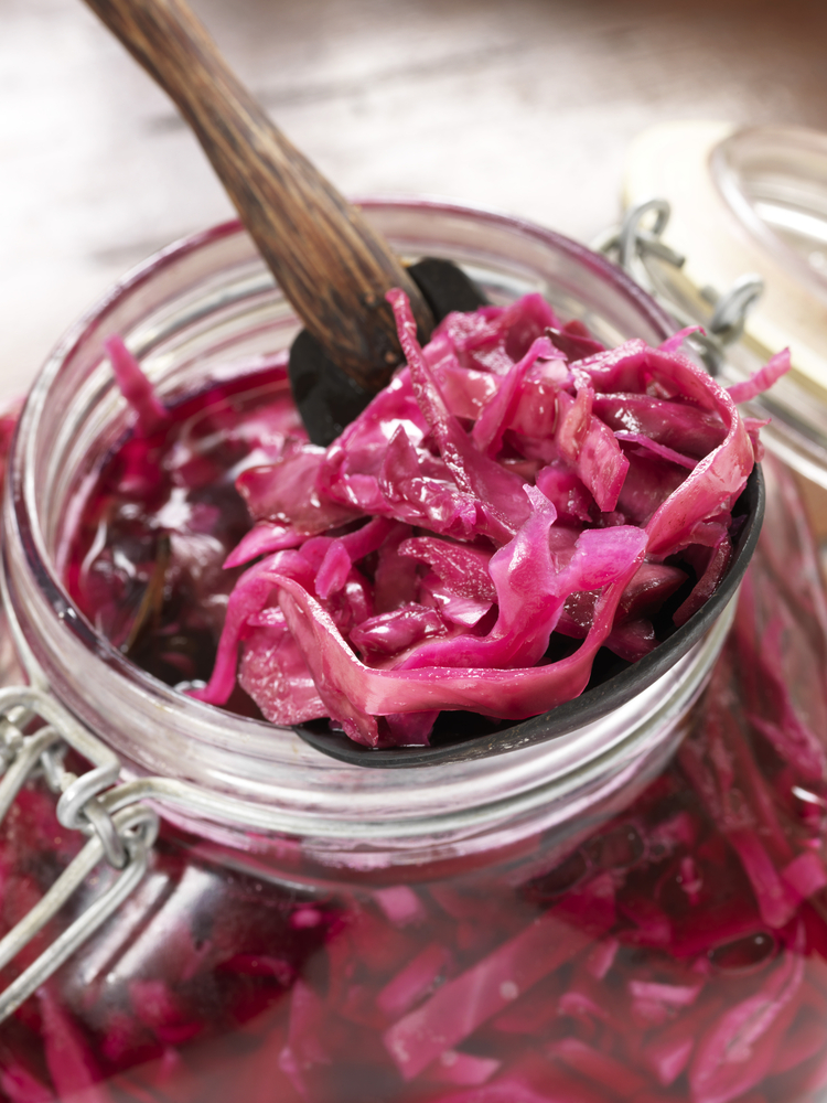 Pickled red cabbage in a canning jar.