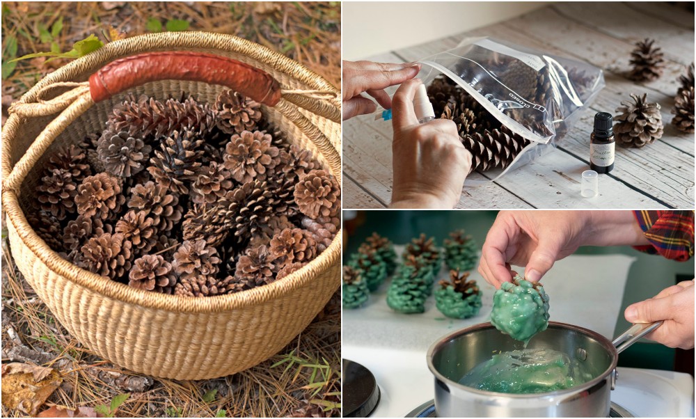 A collage of pine cone images. Pine cones in a woven basket, pine cones being spritzed by essential oils and pine cones being dipped in wax for fire starters. 