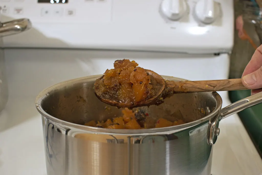 A spoonful of mounded pumpkin chutney is held over the saucepan.