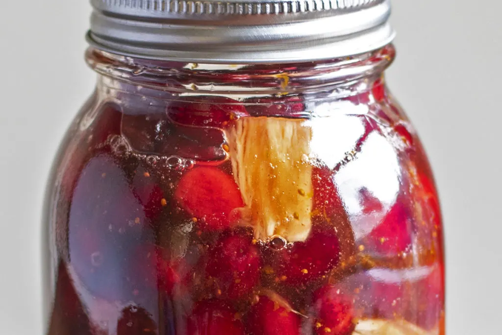Close up shot of a jar of fermented cranberry sauce, tiny bubbles can be seen floating to the top.