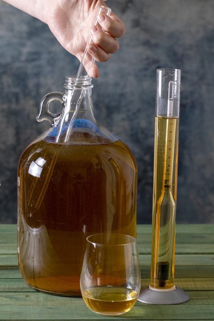 A hand is shown using a wine thief to retrieve liquid from a glass jug. There is a test tube filled with wine and a hydrometer floating in it. A small glass holds a sample of the wine.