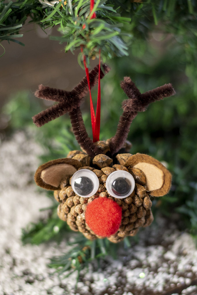 A pine cone has been crafted to look like Rudolph the Red Nosed Reindeer.
