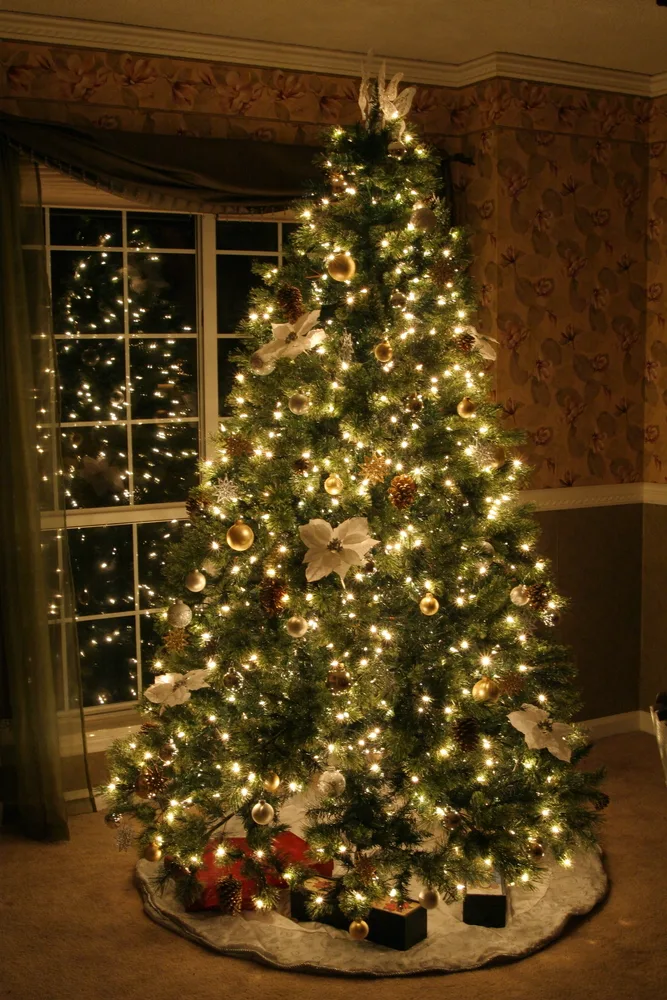 A tall Christmas tree decorated with white lights and white and gold Christmas ornaments, gifts are tucked underneath the tree.