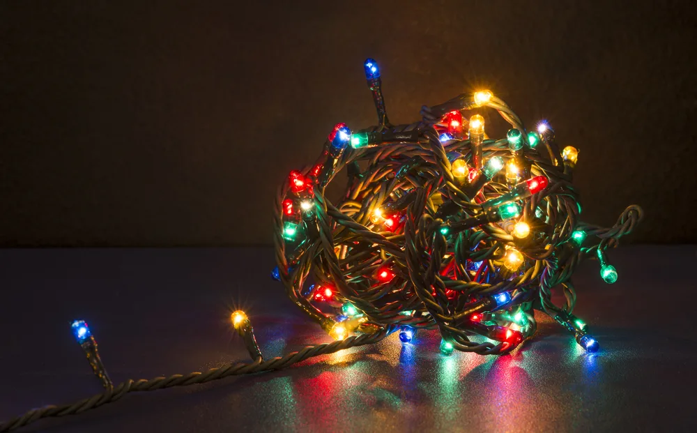 A ball of tangled LED Christmas lights.