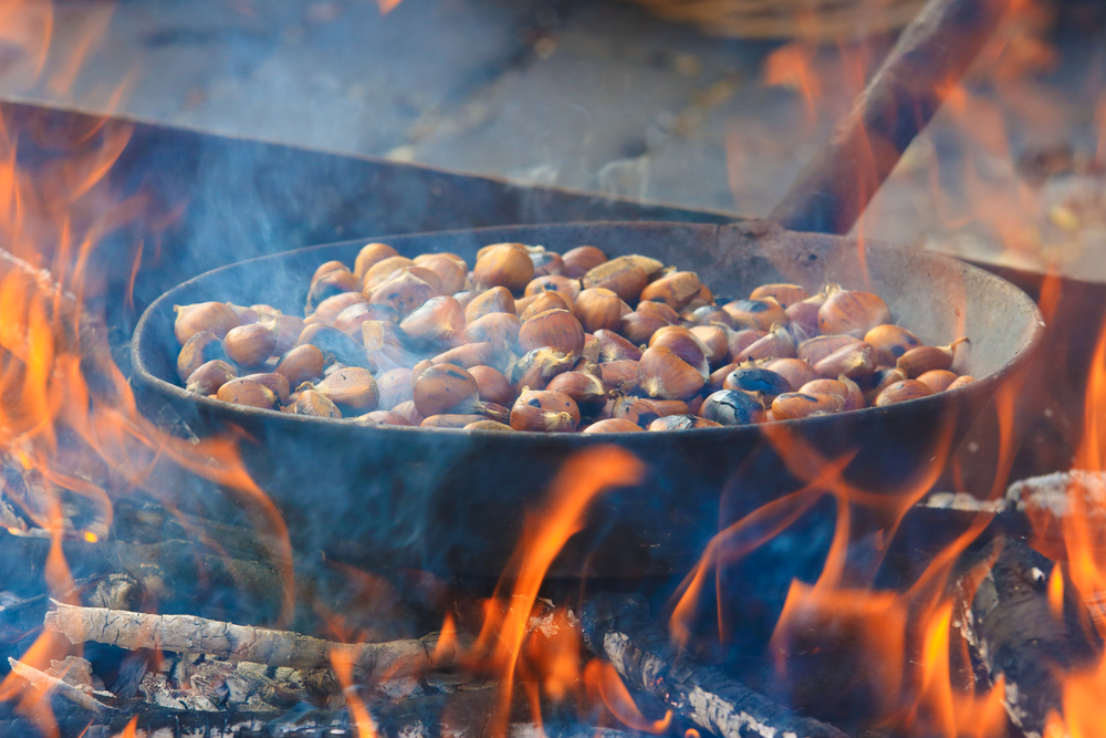 Chestnuts being roasted in a pan over an open fire.