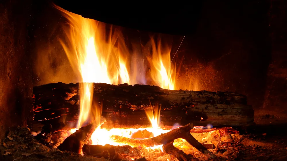 A log burning in a fireplace.