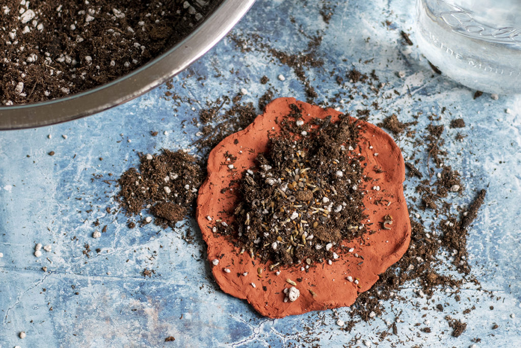 Flattened modeling clay is sprinkled with potting soil and seeds to make wildflower bombs.