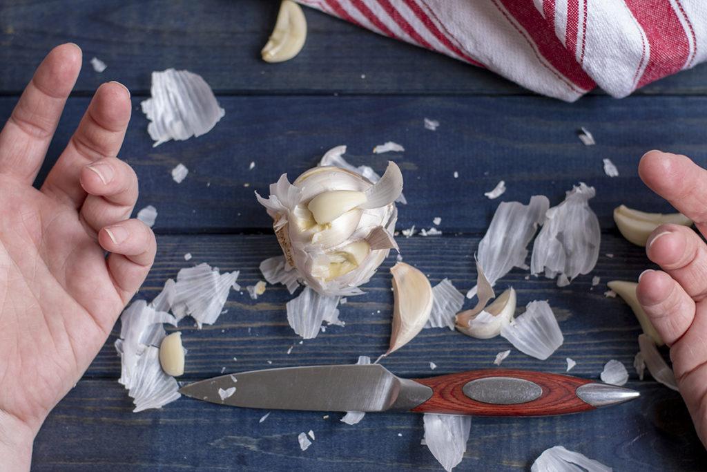A mangled bulb of garlic sets between two hands with a paring knife on a blue wooden table.
