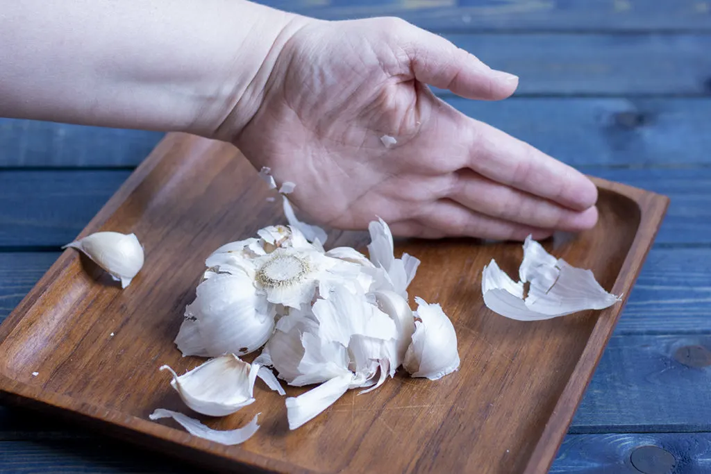 The same hands revealing the smashed head of garlic. 
