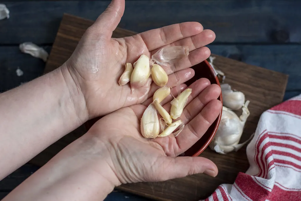 My hands are spread open wide, showing the wet, peeled cloves of garlic.
