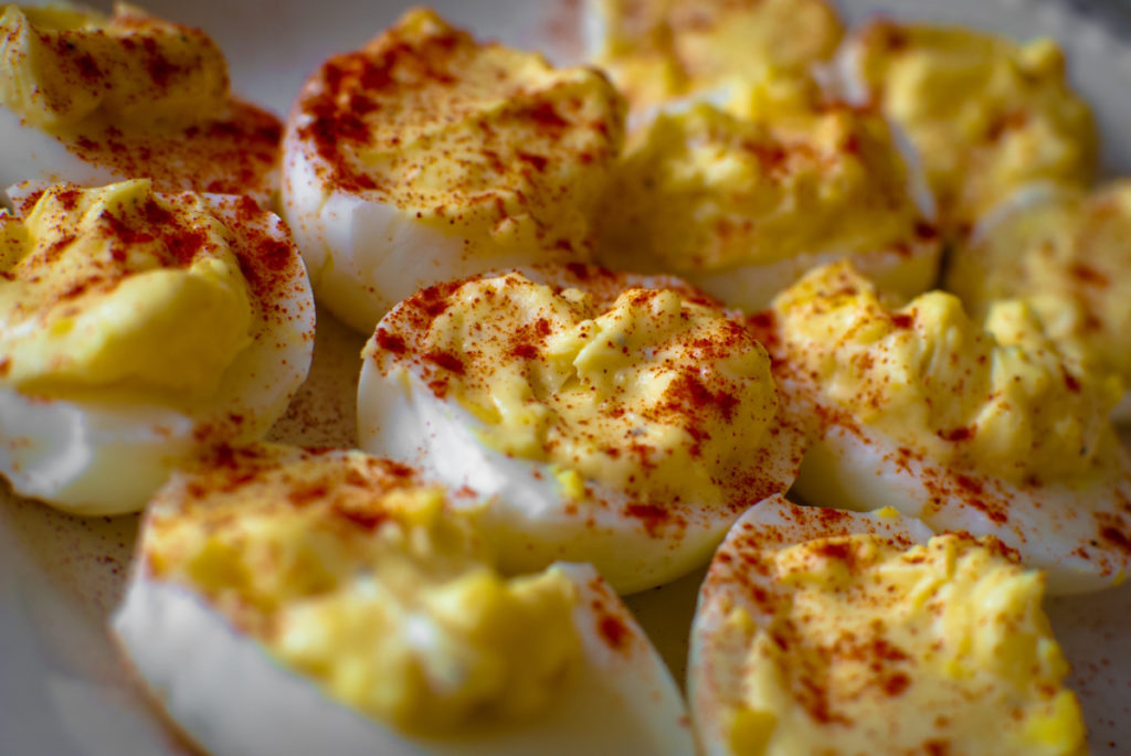 Close up of deviled eggs.