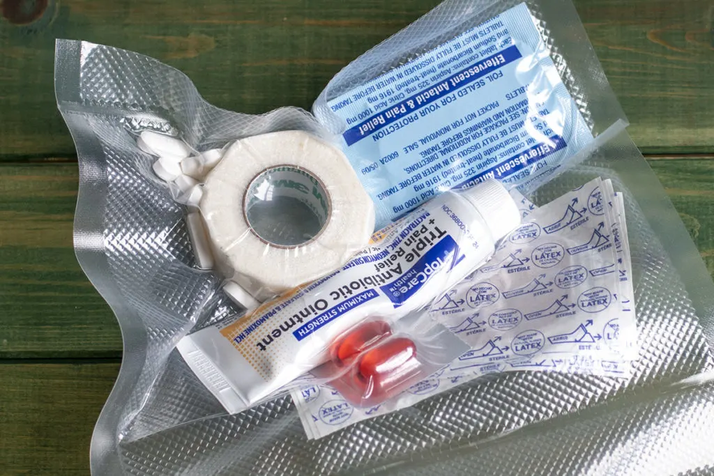 First aid supplies have been vacuum sealed in a bag.