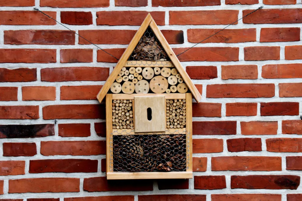 A manufactured bee hotel is hung against a brick wall.