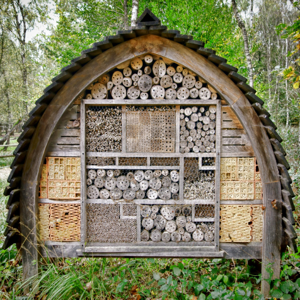 A large insect hotel with many different types of tubes and hotels for insects to lay their eggs. 