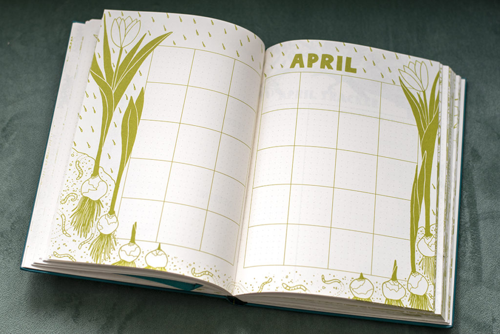 A gardening journal shows a blank calendar page for the month of April.