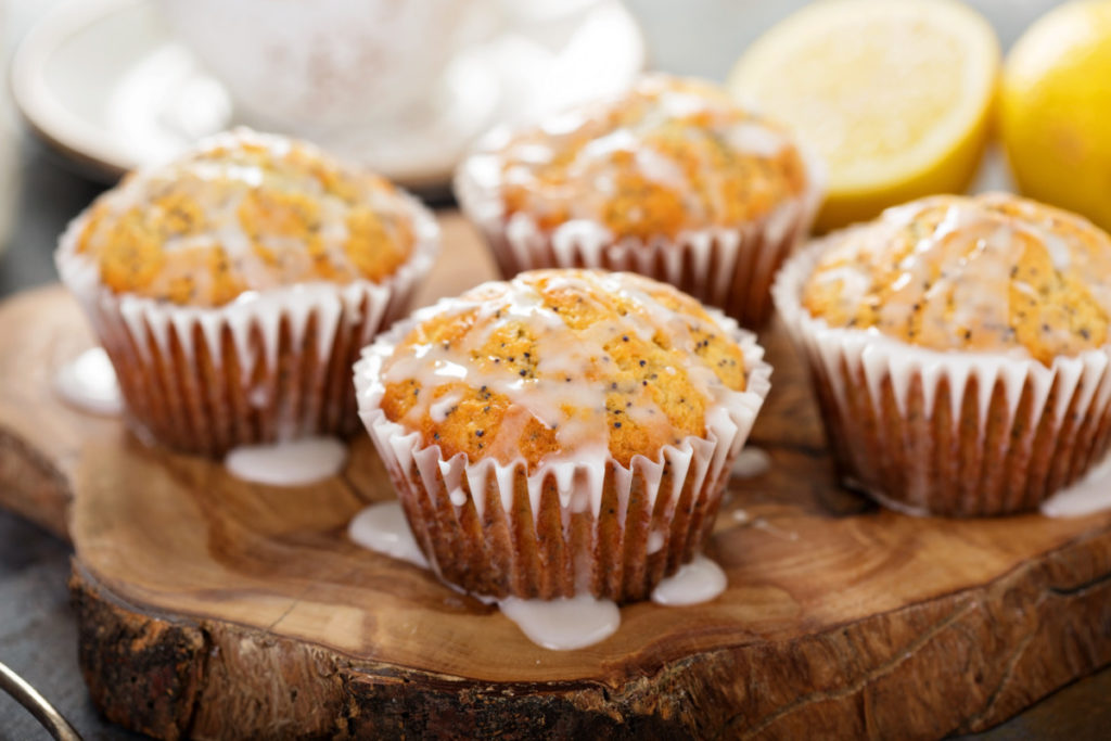 Lemon poppy seed muffins with glaze.