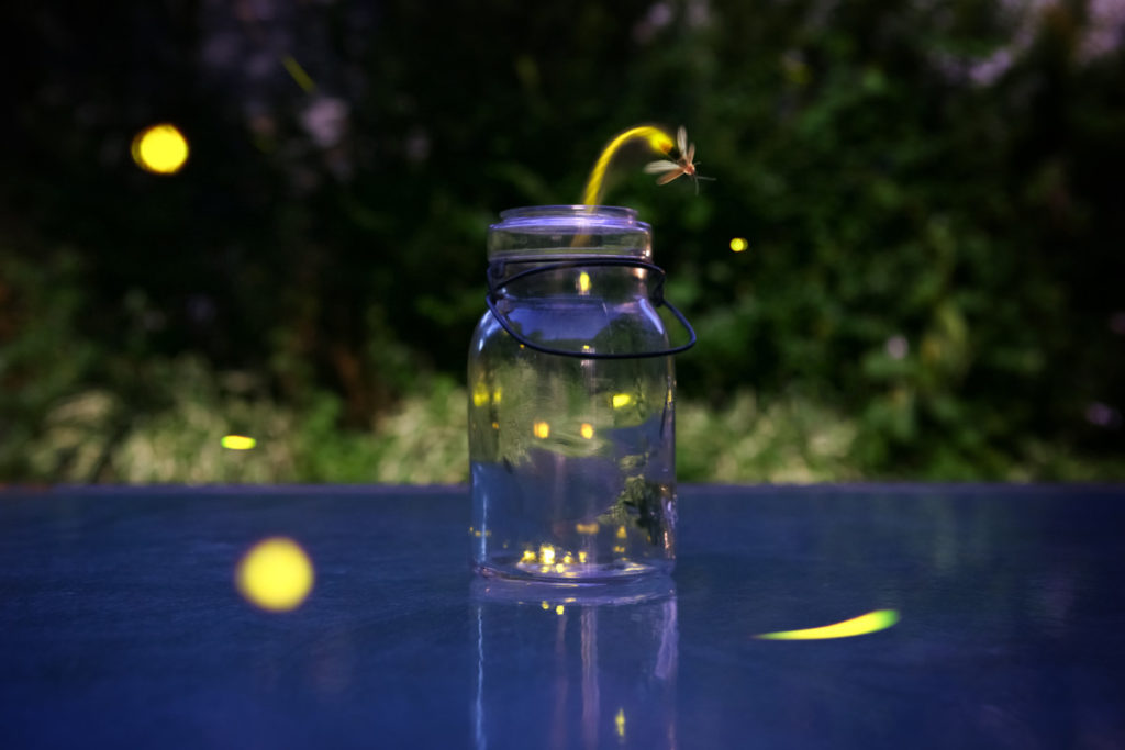 A single firefly escapes from a glass jar with other fireflies inside it. The jar is sitting on a tabletop outside.