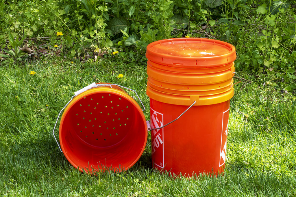 A finished worm tower made from three 5-gallon buckets.