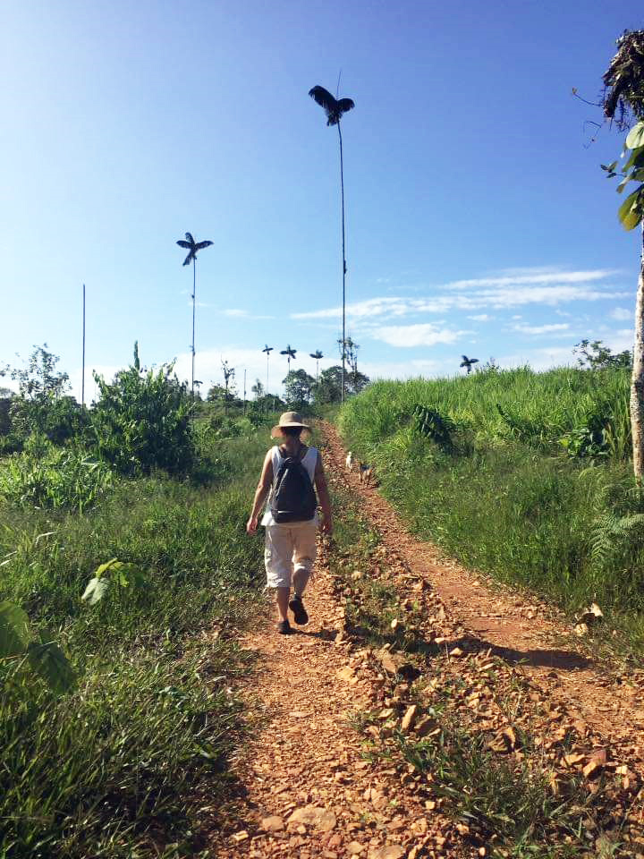 Kristen Krash walking down a dirt road on her 5 hectare farm in Ecuador. Blue skies overhead and green, lush grasses grow on either side of the road. 