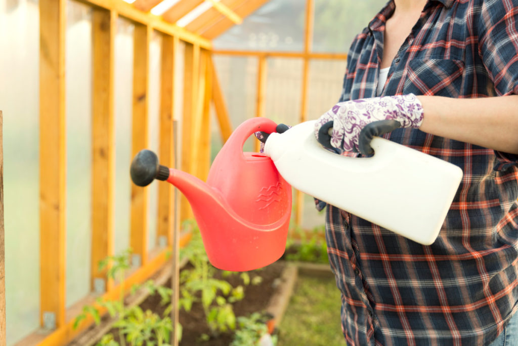 A woman is mixing fertilizer in a watering can.