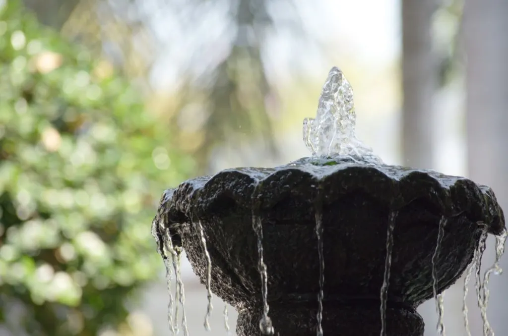 A close up of the top of a fountain with water bubbling out of it. The background is out of focus.