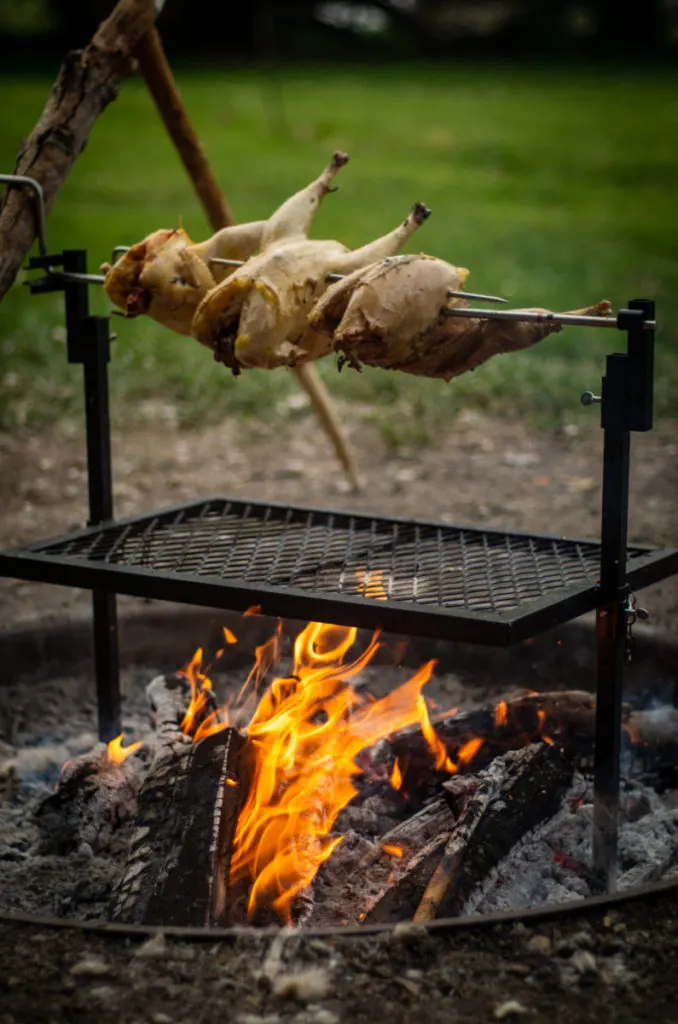 Three chickens on a spit being roasted over an open fire outdoors.