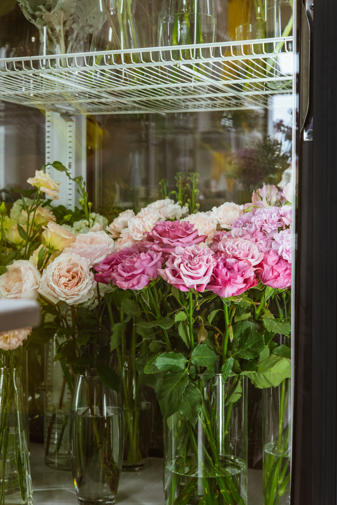 Pink roses in clear glass vases in a florist's fridge.