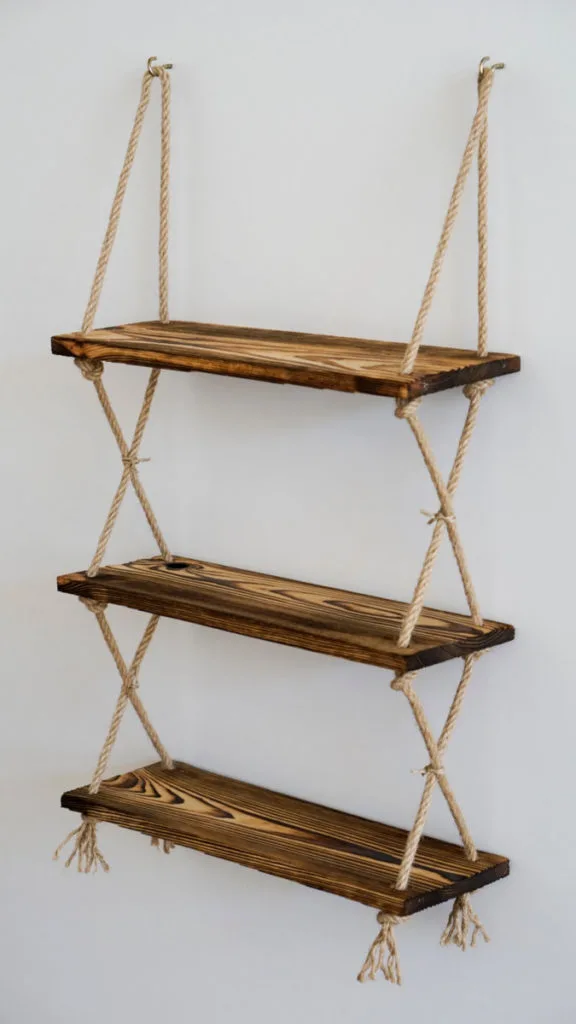 A bookshelf made from rope.