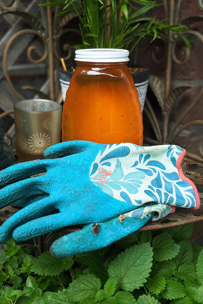 A jar of honey with a pair of turquoise gardening gloves in front of them sit on a bronze plant stand.  