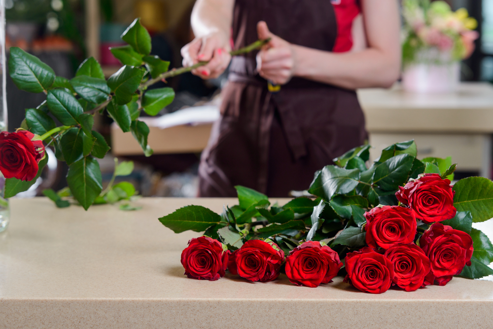A florist removes thorns and extra leaves from a rose. 