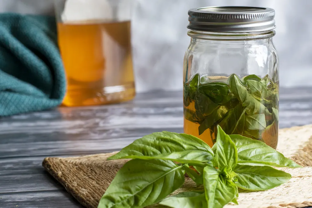 A jar of honey with fresh basil leaves infusing inside it.