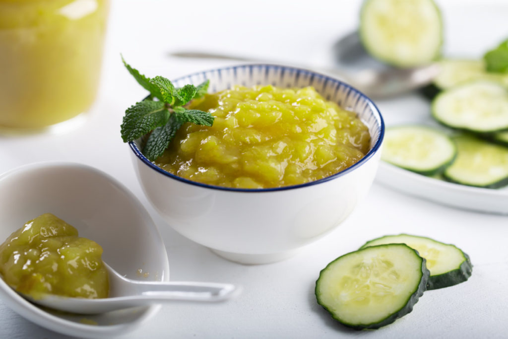 a small bowl filled with cucumber mint jam.