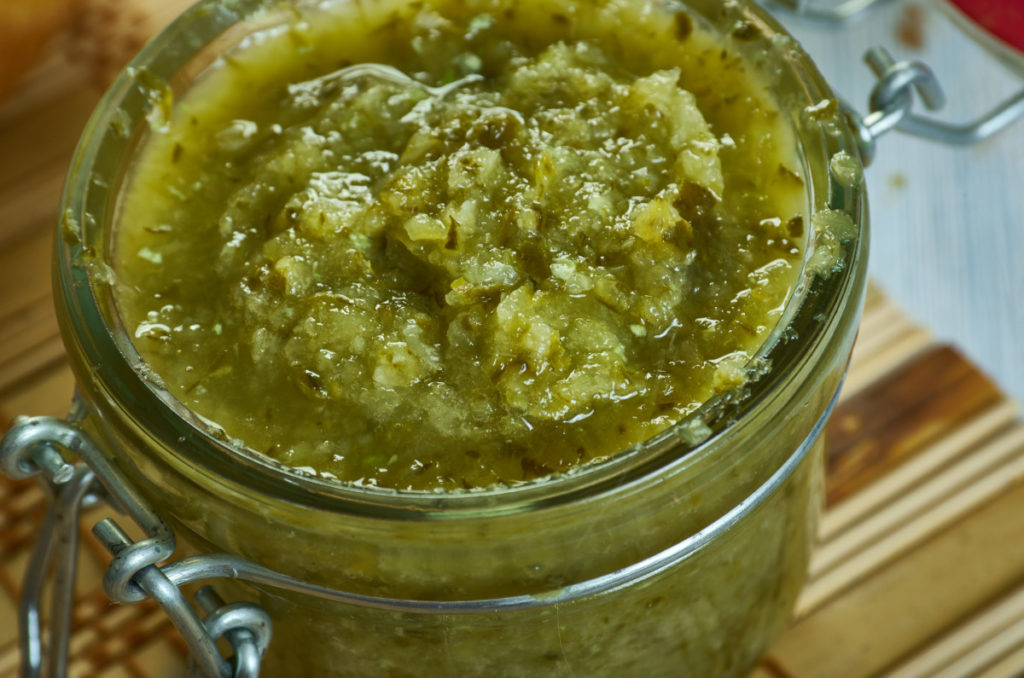 close up of a jar of cucumber relish