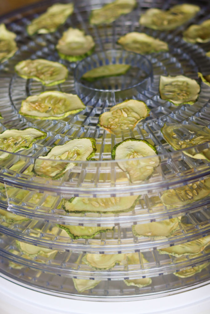 Tiny slices of dehydrated cucumbers on a food dehydrator tray