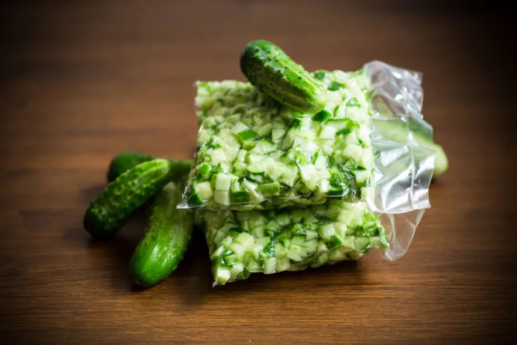 Vacuum bags of diced cucumbers on a cutting board