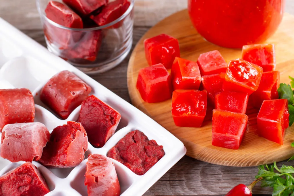 Cubes of frozen tomato paste on a cutting board next to an ice cube tray filled with tomato paste.