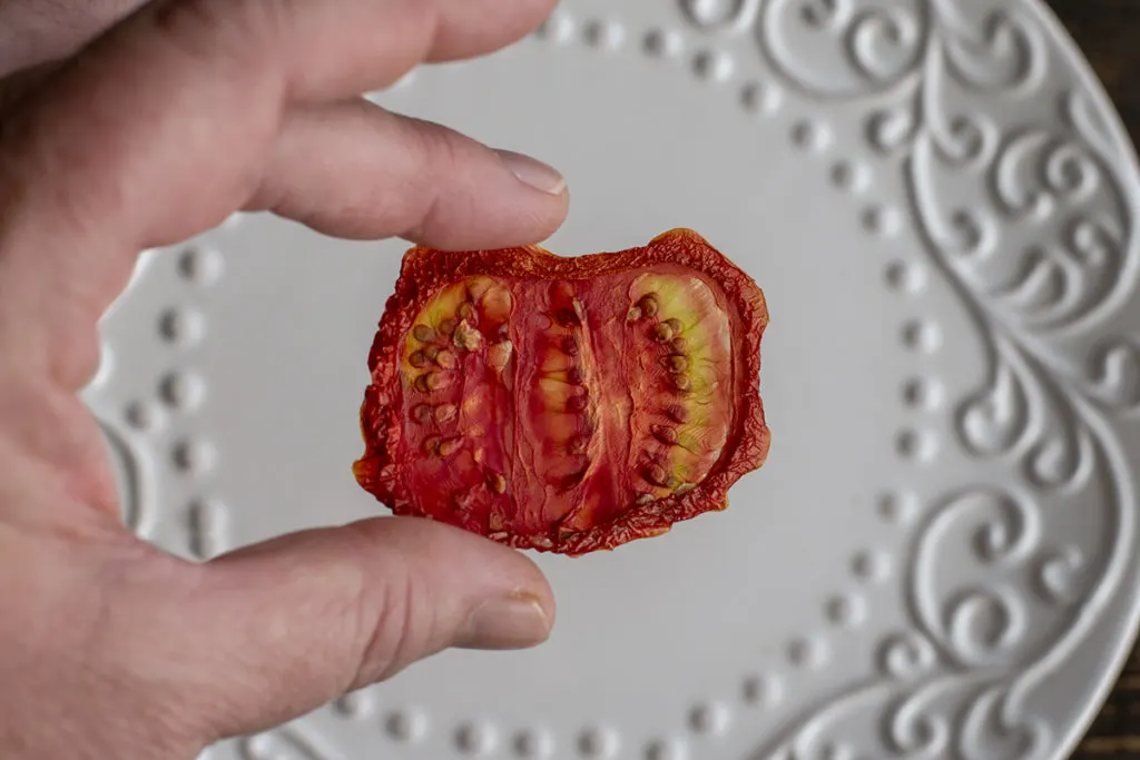 My fingers holding a dried thin slice of tomato. The tomato is still bright red with touches of green inside the membrane