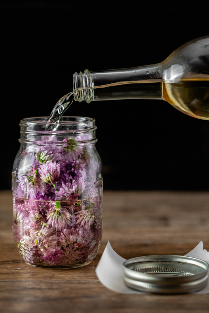 A bottle of apple cider vinegar is being poured into a mason jar filled with chive blossoms. 