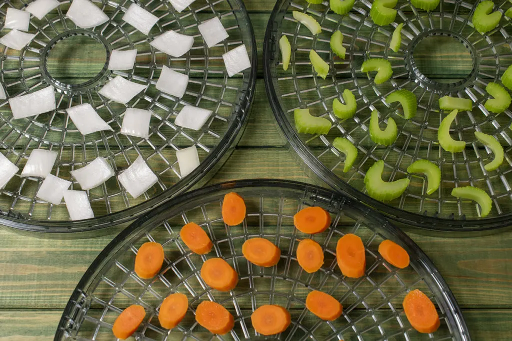 Plastic trays with onion, celery and carrots. 