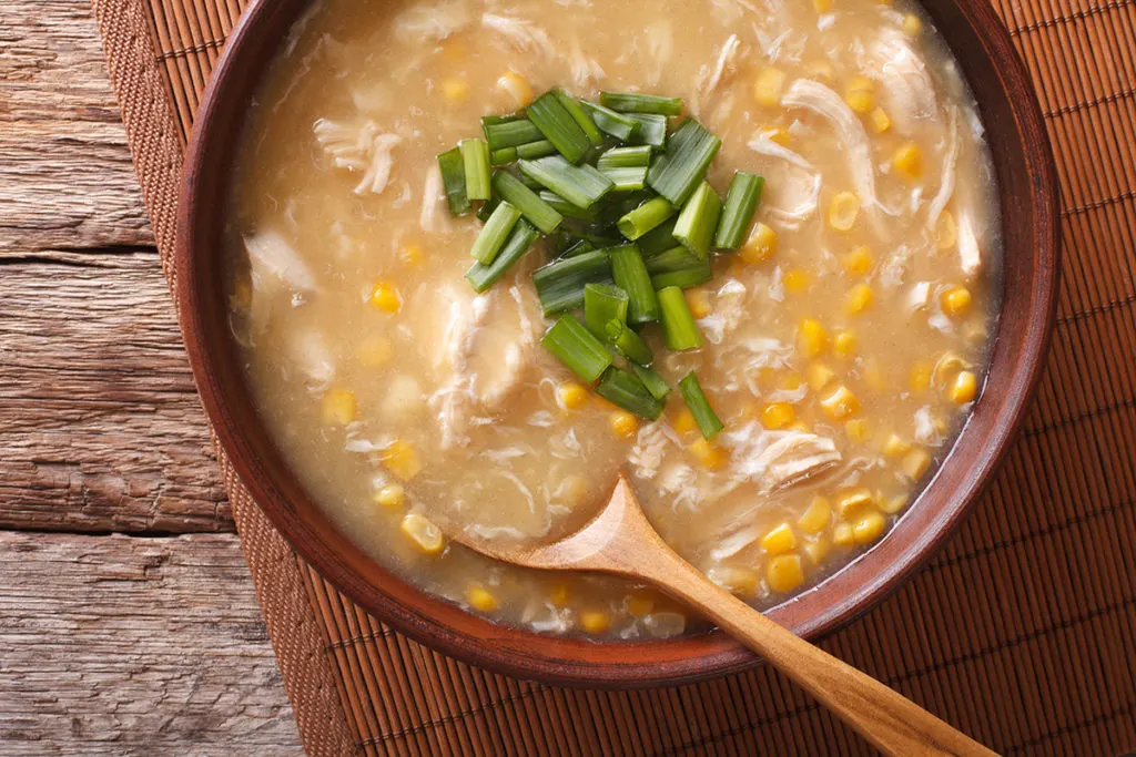 Chicken corn soup in a bowl