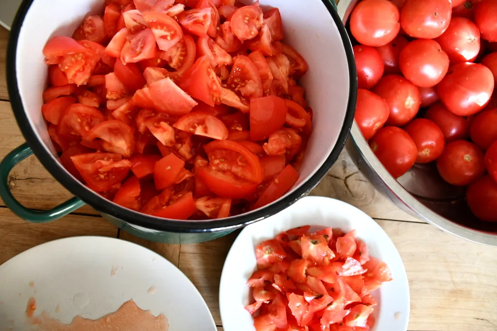 Pots with sliced tomatoes