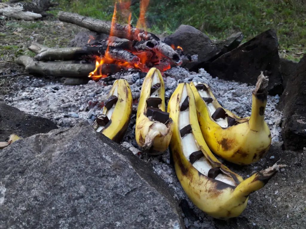 Three bananas with chocolate stuffed in their skins sitting on the edge of a rock-ring campfire.