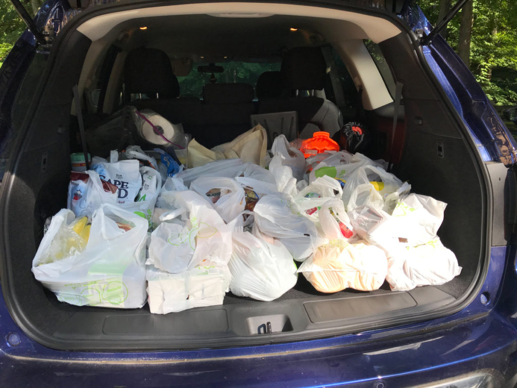 Back of car with a load of groceries in plastic bags.